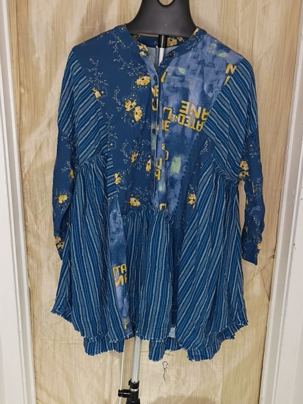 Free People Blue Striped & Floral Patchwork Long Sleeve Dress - Picture 1 of 4